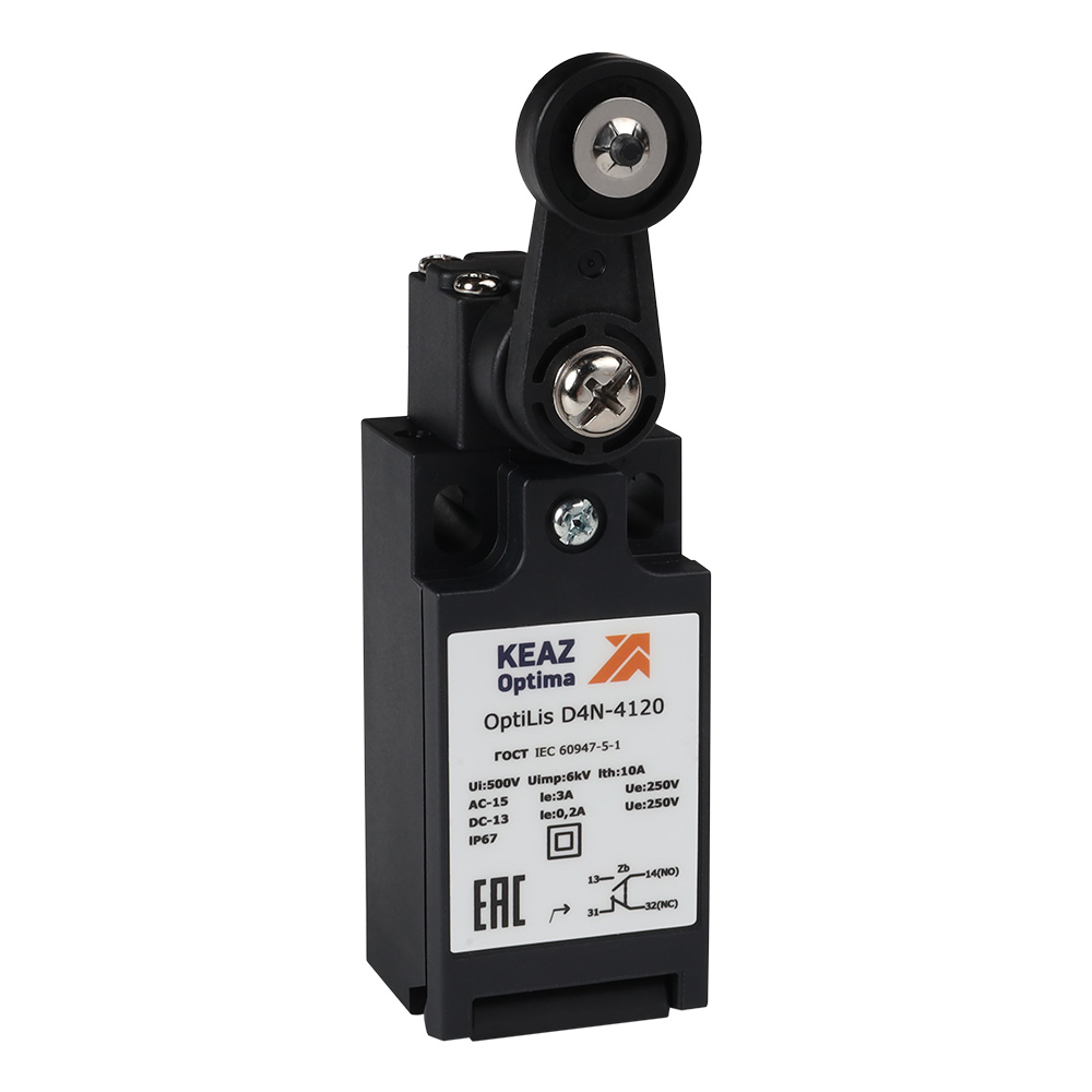 Картинка Выключатель концевой OptiLiS D4N-4120 рычаг пластиковый с роликом пластиковым EN 50047 XCKN2118P20 КЭАЗ от сайта Keaz-ural