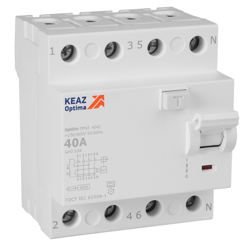 Картинка ВДТ без защиты от сверхтоков OptiDin DM63-4240-A-4,5-УХЛ4 (4P, 40, 30mA) КЭАЗ от сайта Keaz-ural